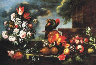 unknow artist Flowers, Fruit and a parrot oil painting image